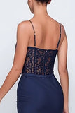 Navy Spaghetti Straps Lace Mermaid Long Formal Dress with Slit