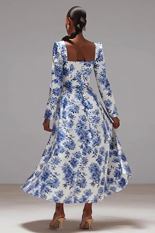 Blue and White Floral Square Neck A-Line Wedding Guest Dress with Sleeves