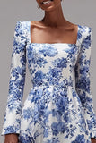 Blue and White Floral Square Neck A-Line Wedding Guest Dress with Sleeves