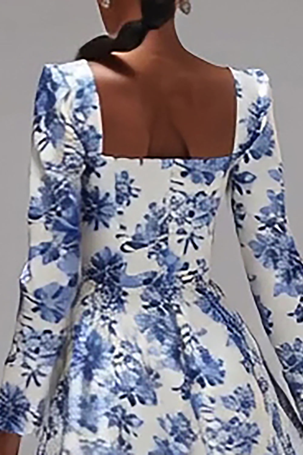 Blue and White Floral Square Neck A-Line Wedding Guest Dress with Sleeves
