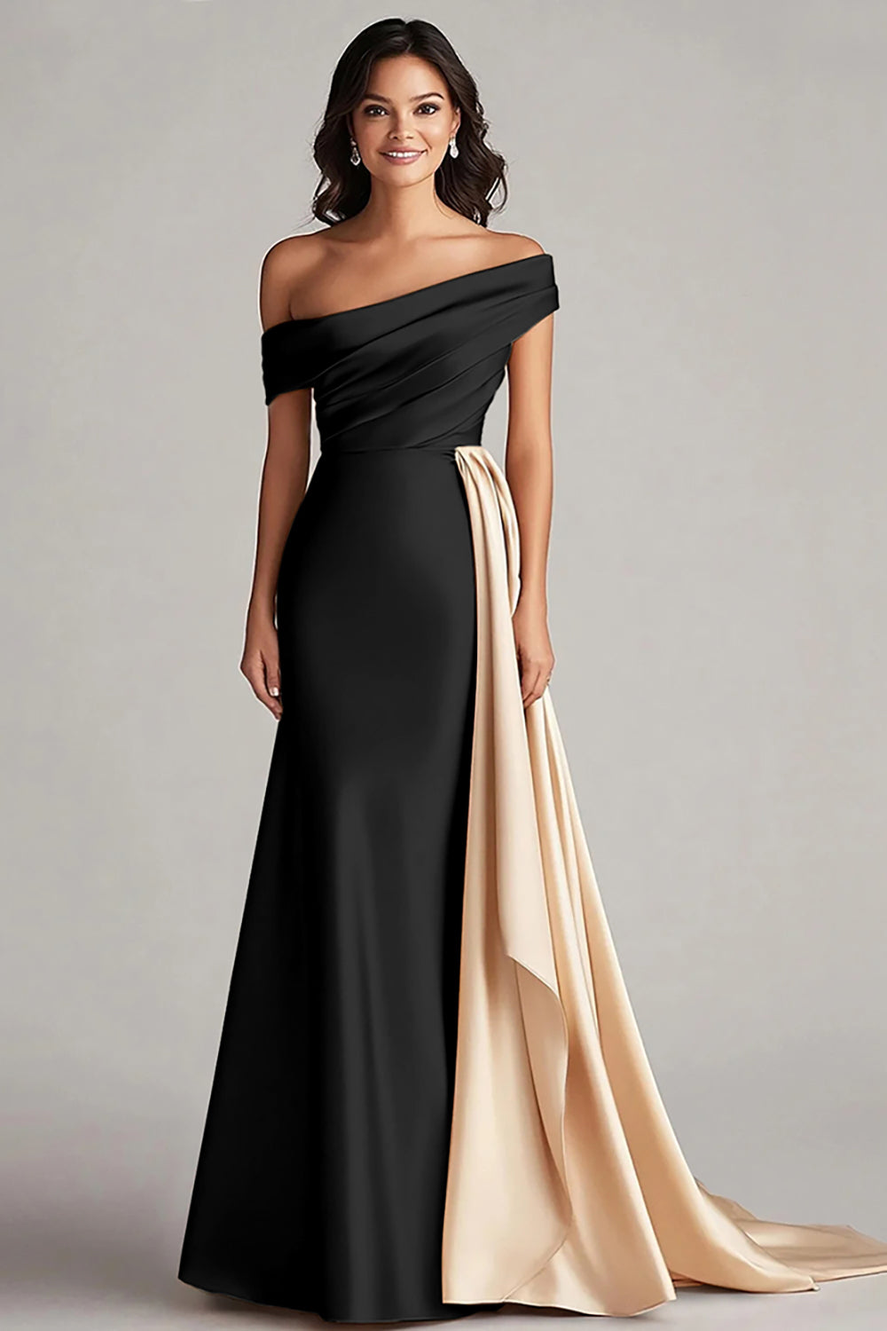 Zapakasa Women Black and Blue Satin Long Formal Dress with Side Cape Mermaid Ruched Off the Shoulder Evening Dress Zapakasa Women Black and Blue Satin Long Formal Dress with Side Cape Mermaid Ruched Off the Shoulder Evening Dress