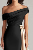 Black and Blue Satin Mermaid Off the Shoulder Long Formal Dress