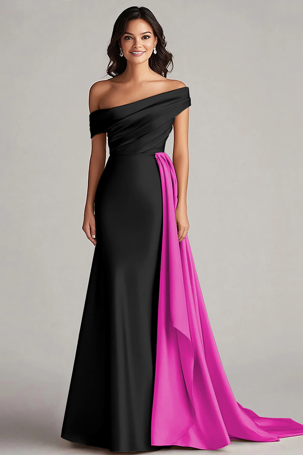 Zapakasa Women Black and Blue Satin Long Formal Dress with Side Cape Mermaid Ruched Off the Shoulder Evening Dress Zapakasa Women Black and Blue Satin Long Formal Dress with Side Cape Mermaid Ruched Off the Shoulder Evening Dress