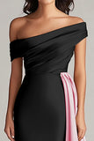 Black and Blue Satin Mermaid Off the Shoulder Long Formal Dress