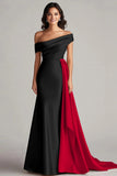 Black and Blue Satin Mermaid Off the Shoulder Long Formal Dress