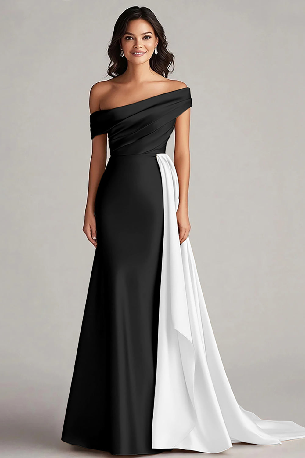 Zapakasa Women Black and Blue Satin Long Formal Dress with Side Cape Mermaid Ruched Off the Shoulder Evening Dress Zapakasa Women Black and Blue Satin Long Formal Dress with Side Cape Mermaid Ruched Off the Shoulder Evening Dress