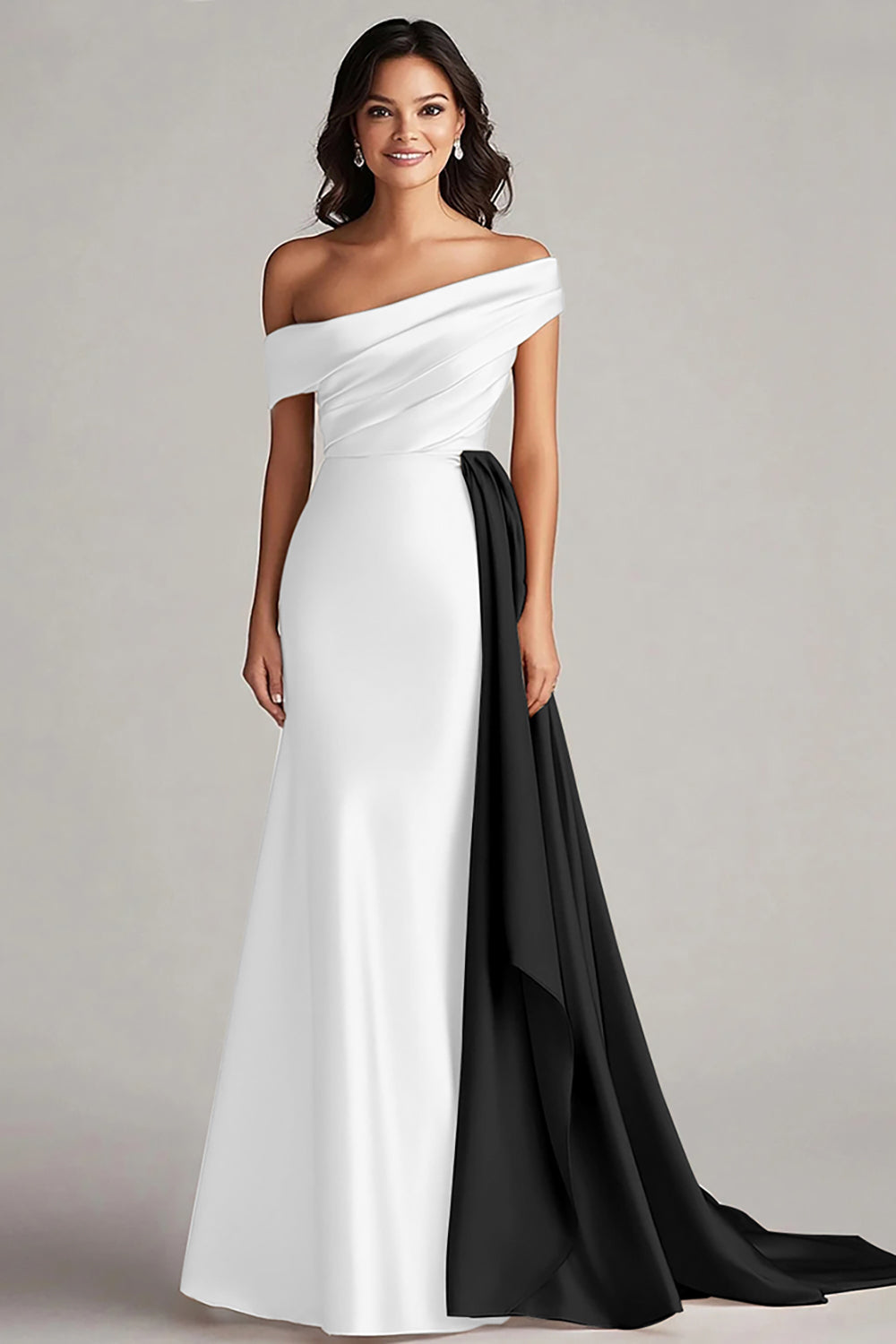 Black and Blue Satin Mermaid Off the Shoulder Long Formal Dress