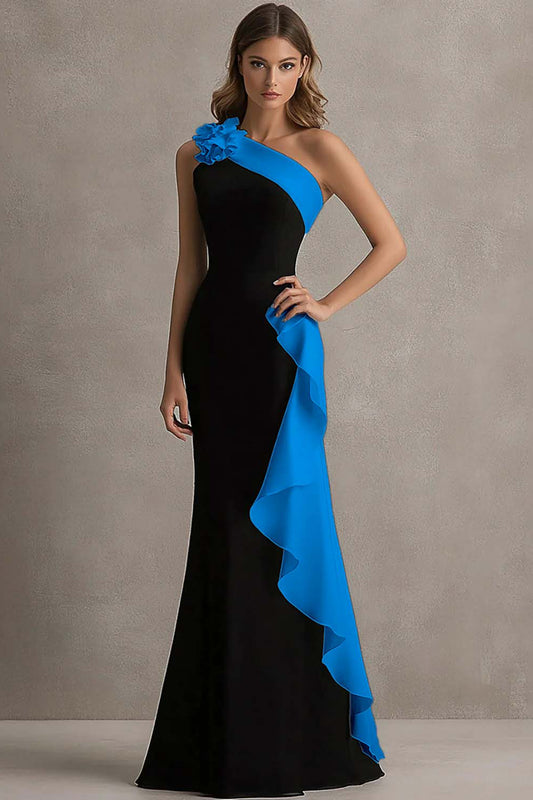 Black and Blue One Shoulder Long Formal Dress with Ruffles