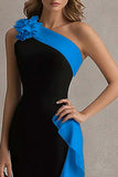 Black and Blue One Shoulder Long Formal Dress with Ruffles