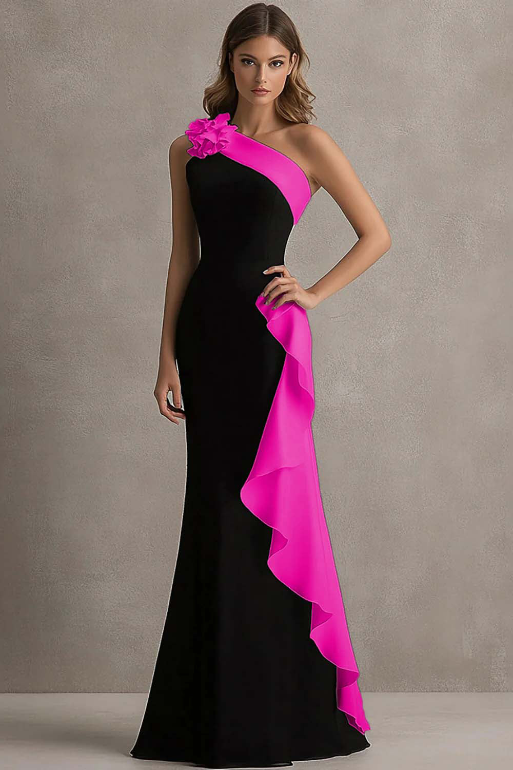 Zapaka Women One Shoulder Formal Dress Mermaid Black and Blue Long Evening Dress With Ruffles, Black and Fuchsia / US24W
