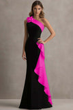 Black and Blue One Shoulder Long Formal Dress with Ruffles