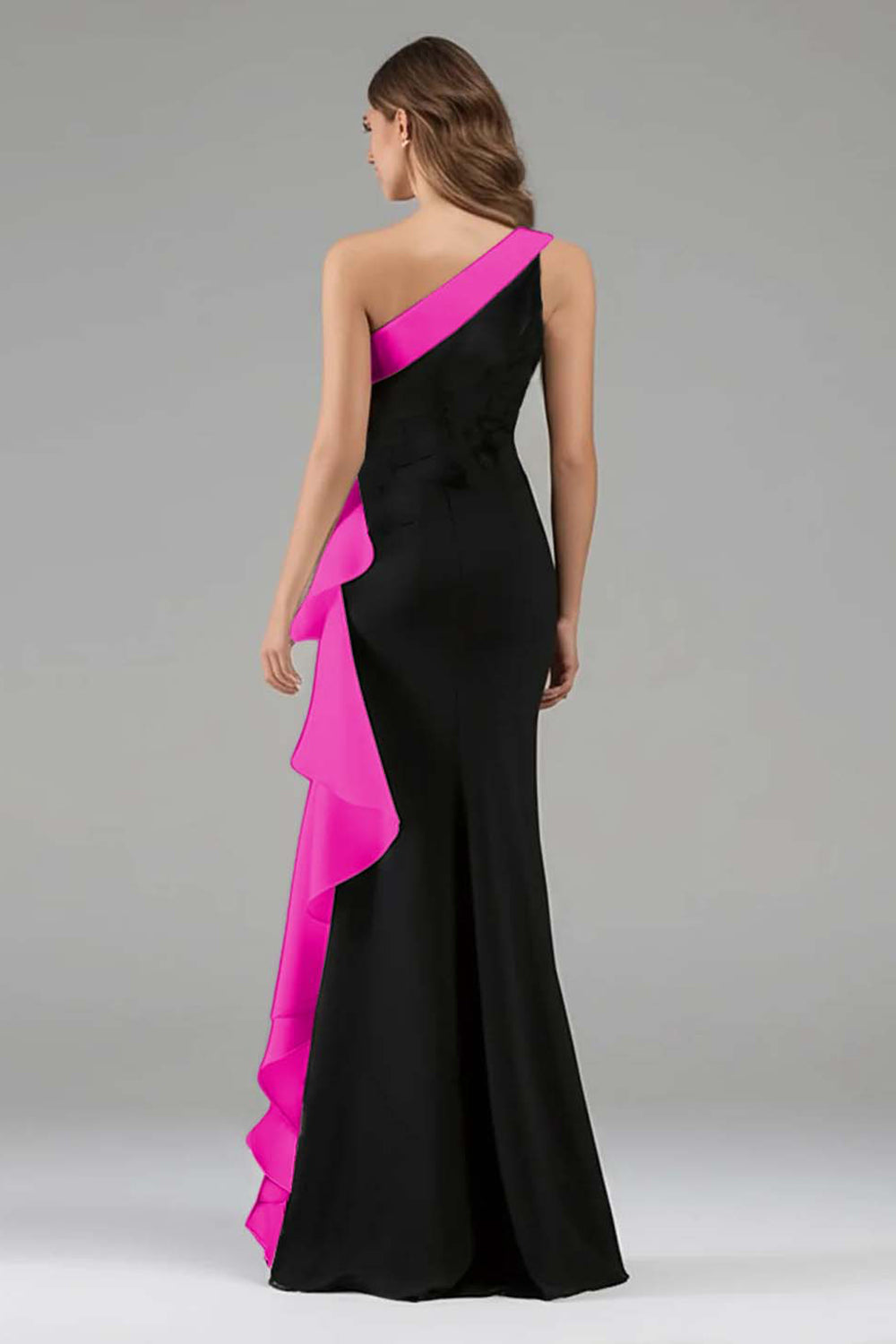 Black White One Shoulder Long Black Tie Dress with 3D Flowers