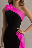 Black and Blue One Shoulder Long Formal Dress with Ruffles