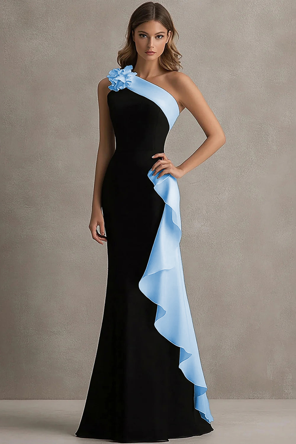 ZAPAKASA Women Black and Blue Satin Long Formal Dress with 3D Flowers One Shoulder Mermaid Prom Dress with Ruffles ZAPAKASA Women Black and Blue Satin Long Formal Dress with 3D Flowers One Shoulder Mermaid Prom Dress with Ruffles