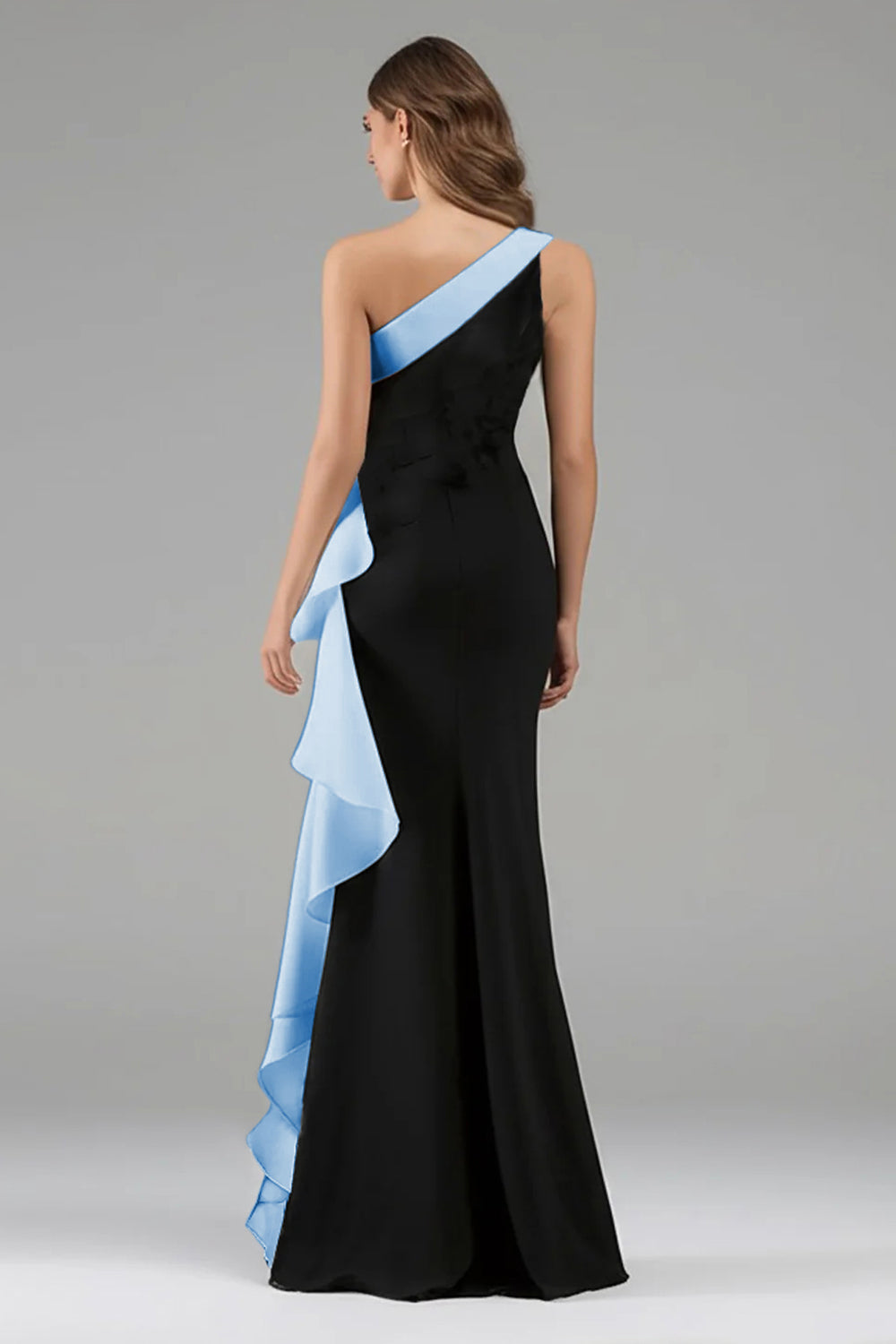 Black and Blue One Shoulder Long Formal Dress with Ruffles