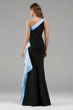 Black White One Shoulder Long Black Tie Dress with 3D Flowers