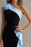 Black and Blue One Shoulder Long Formal Dress with Ruffles