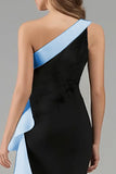 Black and Blue One Shoulder Long Formal Dress with Ruffles