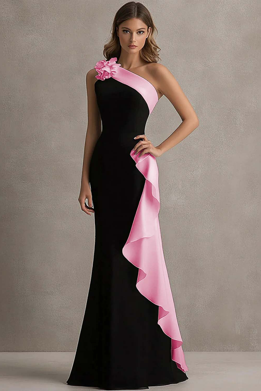 Black and Blue One Shoulder Long Formal Dress with Ruffles
