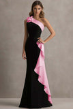 Black White One Shoulder Long Black Tie Dress with 3D Flowers