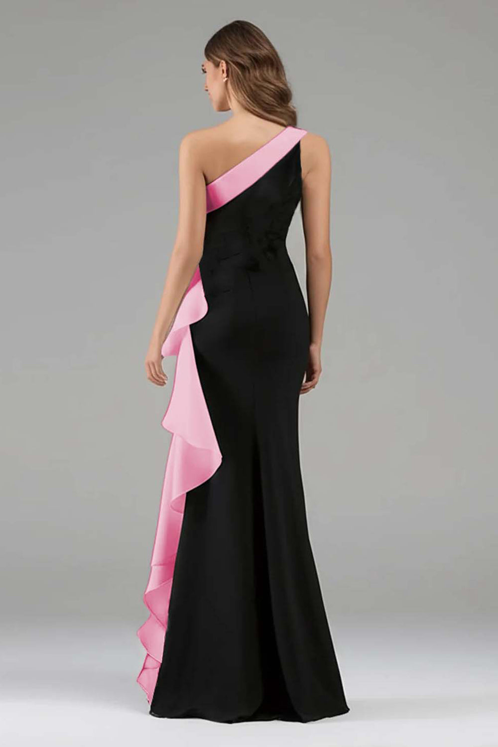 Black White One Shoulder Long Black Tie Dress with 3D Flowers