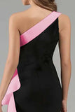 Black and Blue One Shoulder Long Formal Dress with Ruffles