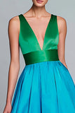 Green and Blue A-Line V-Neck Satin Long Formal Dress