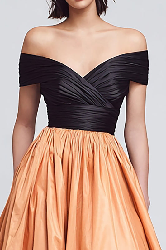 Black and Orange Off the Shoulder A-Line High Low Formal Dress