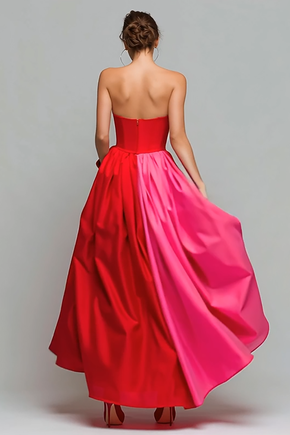 Red and Fuchsia Strapless A Line Long Patchwork Formal Dress