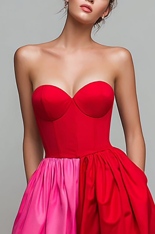 Red and Fuchsia Strapless A Line Long Patchwork Formal Dress