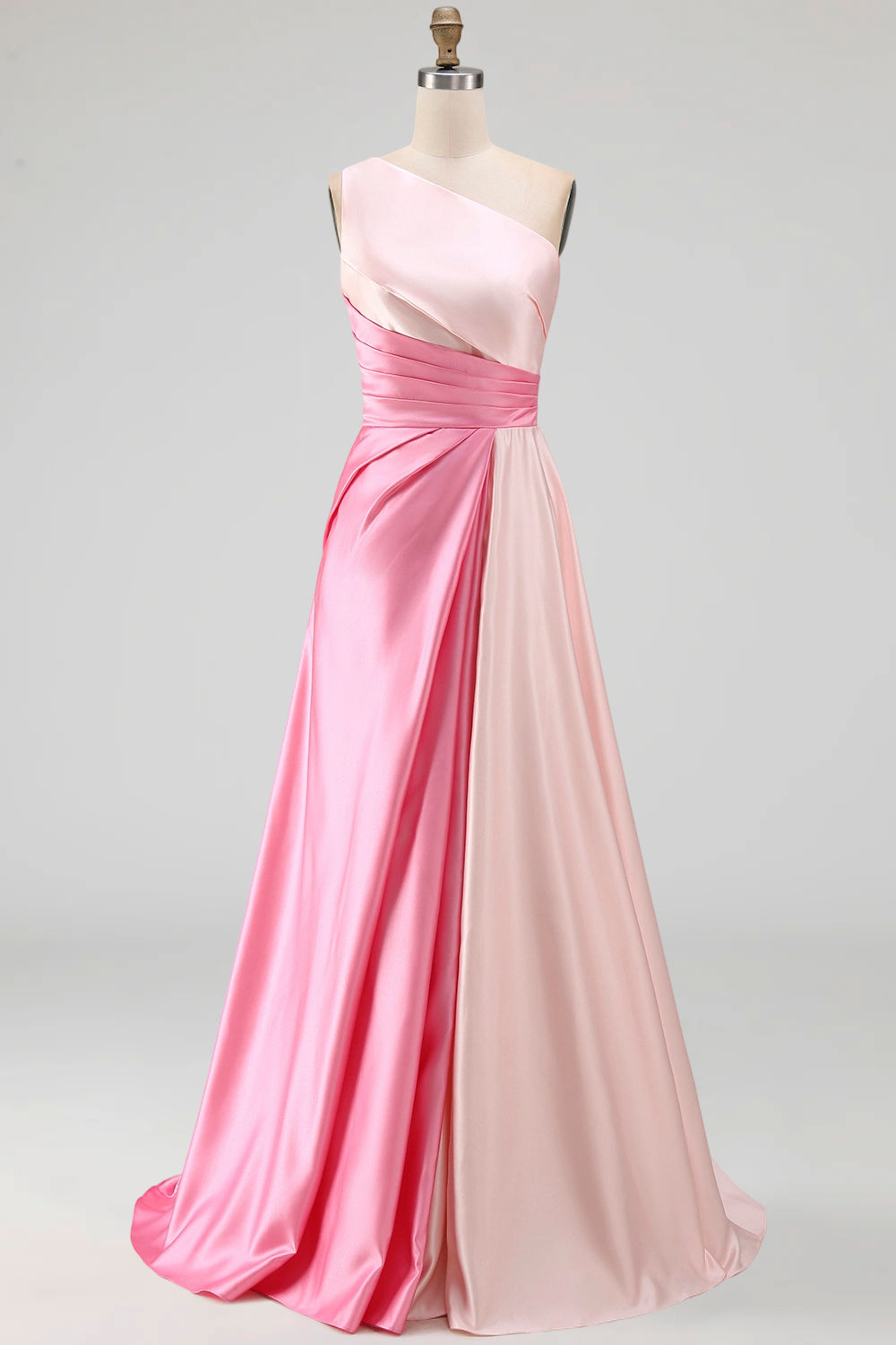 Pink Satin One Shoulder A Line Long Formal Dress