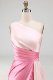 Pink Satin One Shoulder A Line Long Formal Dress