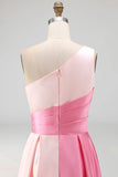 Pink Satin One Shoulder A Line Long Formal Dress