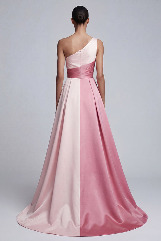 Pink Satin One Shoulder A Line Long Formal Dress