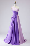 Pink Satin One Shoulder A Line Long Formal Dress
