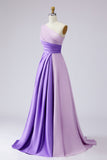 Pink Satin One Shoulder A Line Long Formal Dress