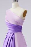 Pink Satin One Shoulder A Line Long Formal Dress