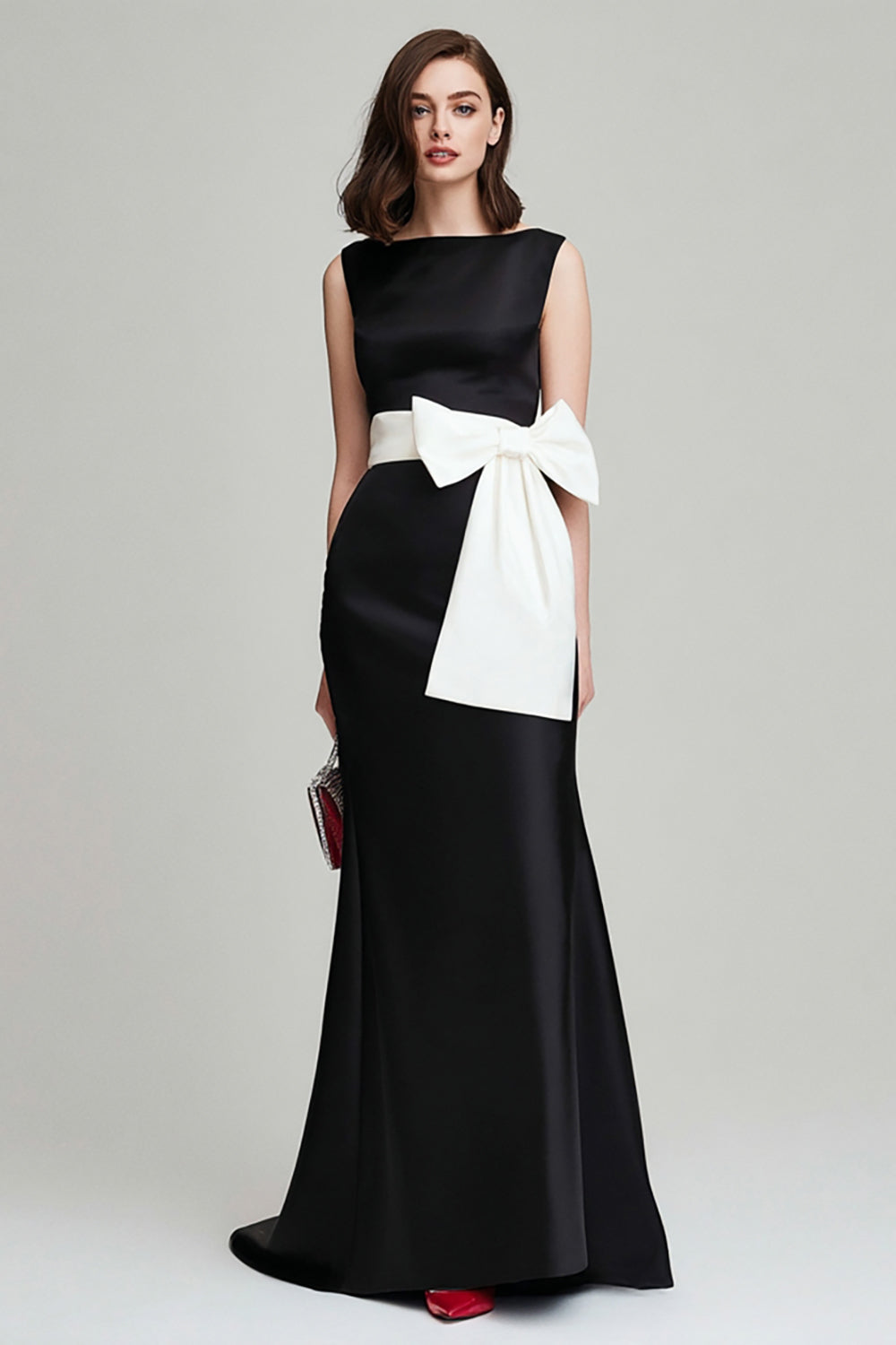 Zapakasa Women Black and White Long Formal Dress with Bow Mermaid Boat