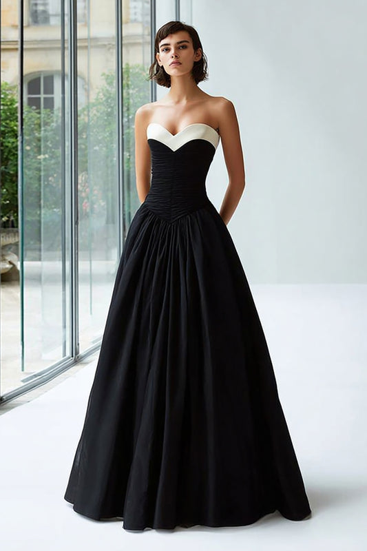 Black and White A Line Sweetheart Satin Long Formal Dress