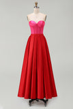 Red and Fuchsia Satin A Line Strapless Long Formal Dress