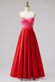 Red and Fuchsia Satin A Line Strapless Long Formal Dress