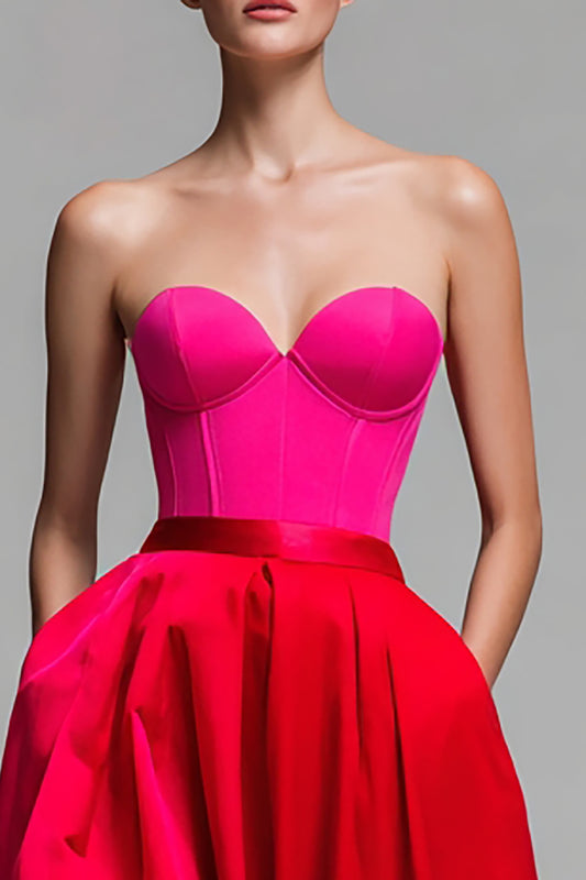 Red and Fuchsia Satin A Line Strapless Long Formal Dress