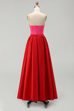 Red and Fuchsia Satin A Line Strapless Long Formal Dress