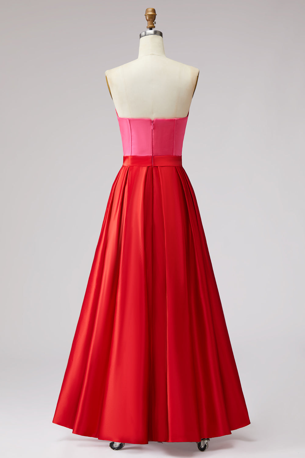 Red and Fuchsia Satin A Line Strapless Long Formal Dress