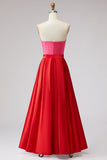 Red and Fuchsia Satin A Line Strapless Long Formal Dress