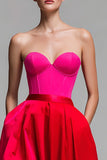 Red and Fuchsia Satin A Line Strapless Long Formal Dress