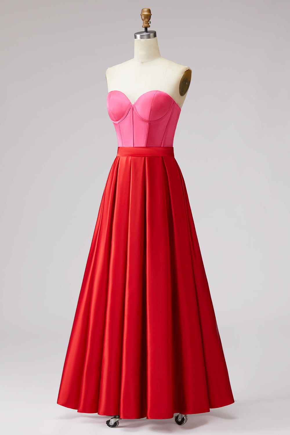 Red and Fuchsia Satin A Line Strapless Long Formal Dress