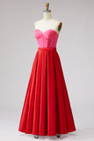 Red and Fuchsia Satin A Line Strapless Long Formal Dress
