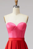 Red and Fuchsia Satin A Line Strapless Long Formal Dress