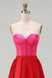Red and Fuchsia Satin A Line Strapless Long Formal Dress